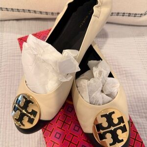 Tory Burch Claire Cap Toe Ballet Flats with Gold Logo. Retail $268